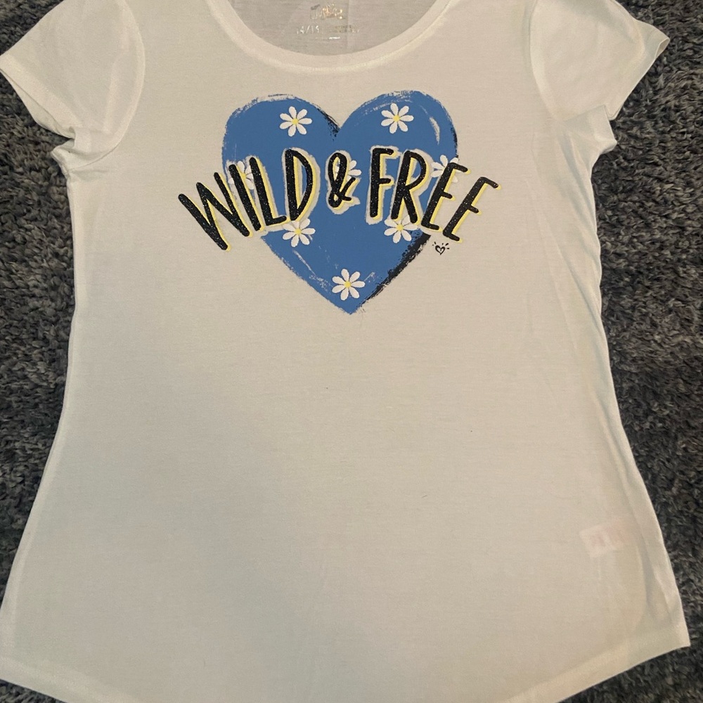 Justice White Tee with Blue Heart 'Wild & Free' Graphic, XL 14/16
